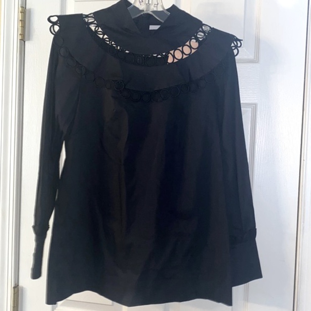 BWT Pearl by Lela Rose Pretty Black Cotton poplin with lace trim top size 2